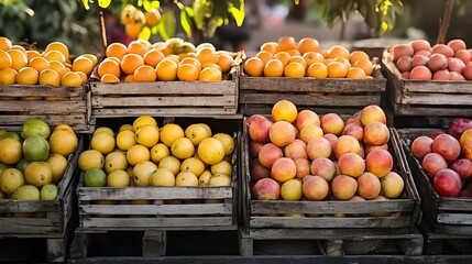 Fresh Fruits in Wooden Crates. Colorful Produce at a Market Stall.