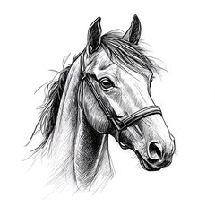 Detailed Ink Drawing of a Horse's Head, Elegant Black and White Portrait.