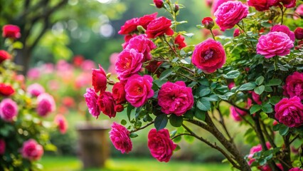 A rose bush with thorny branches and blooming flowers in a garden, floral arrangement, ,  floral arrangement