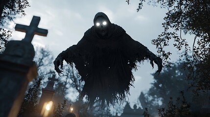 A creepy figure with glowing eyes is hovering over a cemetery