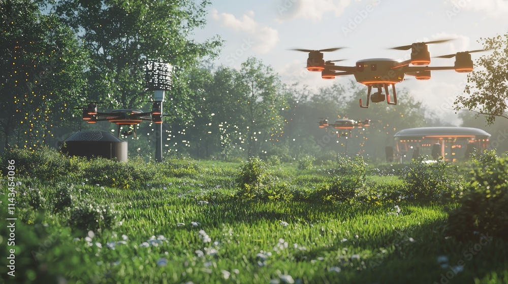 Poster an outdoor scene demonstrating edge computing where drones are gathering data in a lush green area, 