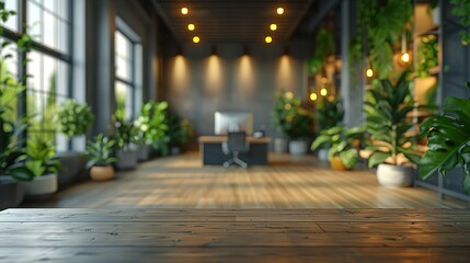 Large room with a desk and a chair, and a few potted plants