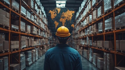 Warehouse Worker Analyzing Supply Chain Management Map Spotlighted by Overhead Lighting