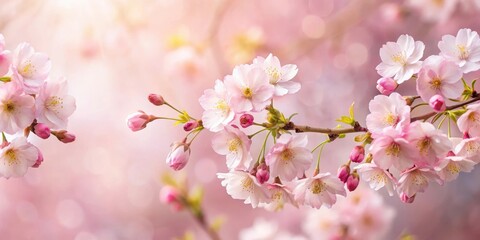 Obraz premium Delicate cherry blossoms unfurl on a crisp paper background, showcasing soft pink petals and gentle stems, blooming blossoms, paper background