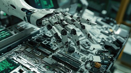 Fototapeta premium A close-up view of a robotic hand assembling electronic components, with a high-tech workshop background filled with tools and monitors.
