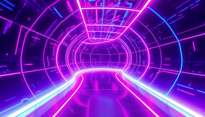 "Abstract Glowing Tunnel with Futuristic Neon Light Patterns in Purple, Blue, and Pink Tones – Immersive Sci-Fi Digital Art Background Perfect for Technology, Gaming, and Futuristic Visuals"