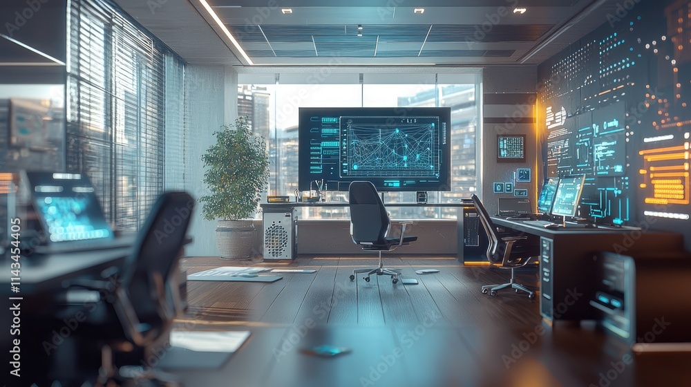 Poster a bright, futuristic office space equipped with interconnected gadgets, such as a smart monitor and 
