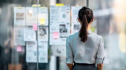 Person standing in front of a job listings board, scanning opportunities with a focused expression. The scene conveys the pursuit of career advancement and the search for meaningful employment.