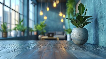 Potted plant sits on a wooden table in a room with a blue wall