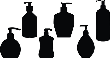 Hand sanitizer plastic bottles in different shapes ,Pump bottle icon vector silhouette isolated on transparent background fit for liquid soap bottles, antiseptic, antibacterial, hand sanitizer 