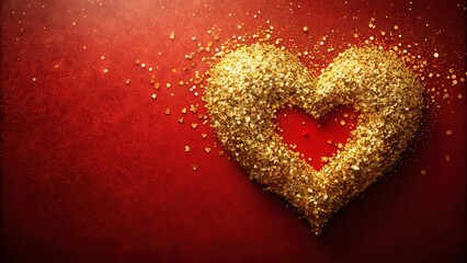 Heart-Shaped Gold Arrangement on Red Background with Artistic Noise Effect, creative arrangement, festive vibe