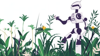 A sleek robot interacting with a vibrant natural environment, symbolizing the union of technology and ecosystems. Clean and illustrative design. AI generated.