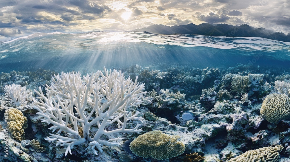 Poster a vibrant coral reef teeming with marine life is contrasted with bleached sections caused by rising 