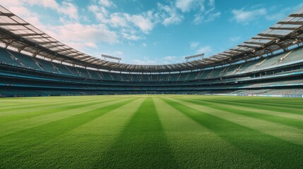 Empty stadium with lush green field, modern architecture under blue sky. Perfect for sports, events, or advertising related to stadiums and competitions.