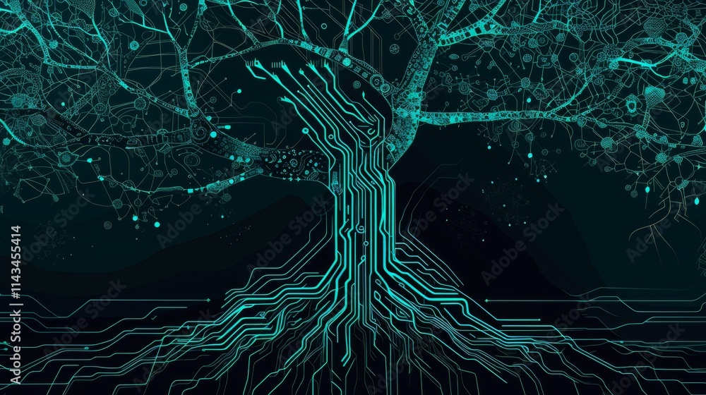 Poster a surreal illustration of a tree with glowing branches and intricate circuits, representing the fusi