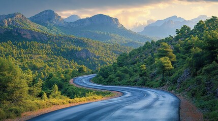 Fototapeta premium Winding Road Through Lush Mountain Valley Landscape