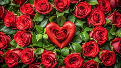 Fototapeta premium A bouquet of red roses with a single heart-shaped rose at its center surrounded by greenery, red, flowers, red