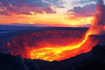 Fototapeta premium Majestic Eruption of a Volcano at Sunset with Flowing Lava Illuminating the Landscape in Vibrant Shades of Orange and Red Against a Dramatic Sky