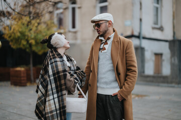 Fashionable young couple engages in conversation while dressed in chic autumn attire. Captured outdoors in an urban environment, they appear relaxed and stylish, embodying modern fall fashion trends.