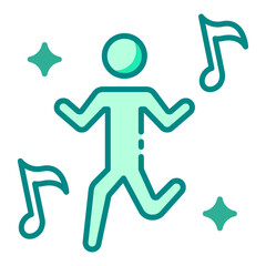Dancing person with music note green filled line icon for dance celebrations