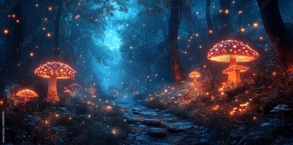 Aufkleber a mystical forest scene with glowing mushrooms and fireflies, creating a magical atmosphere.