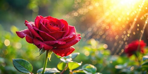 Obraz premium A red rose blooming in a dew-covered garden on a sunny morning , red rose, floral