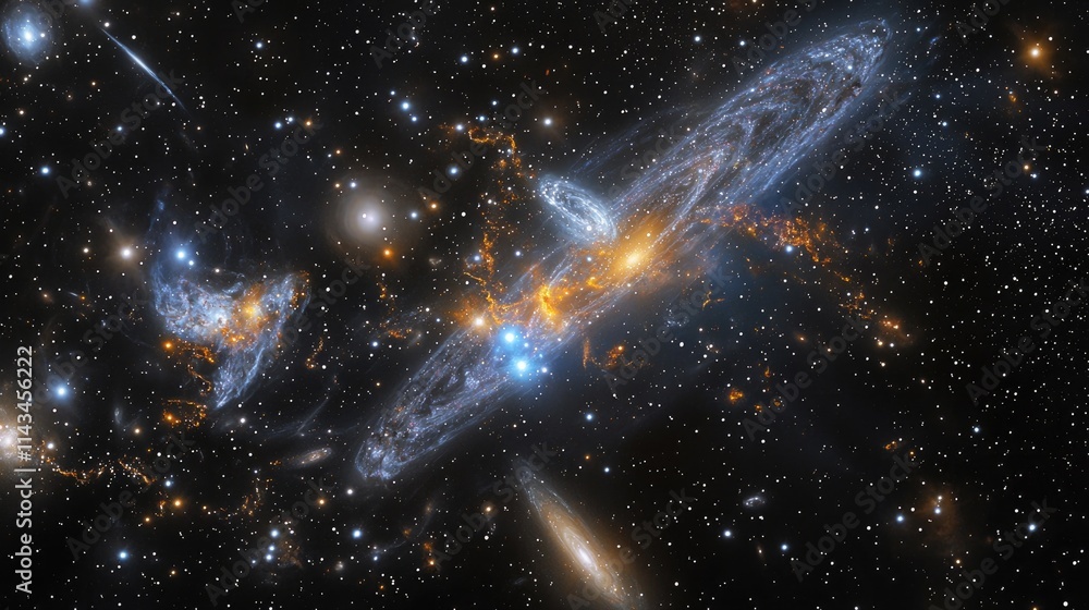 Poster An artistic representation of stellar formation, showing dynamic gas clouds coalescing into stars, surrounded by a backdrop of deep black and twinkling stars.