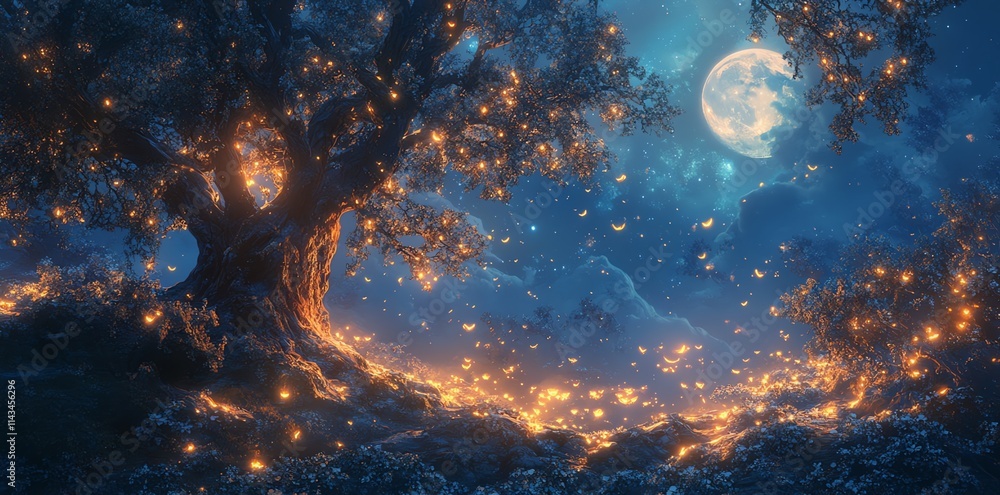 Aufkleber a magical night scene with a glowing tree under a full moon, surrounded by sparkling lights.