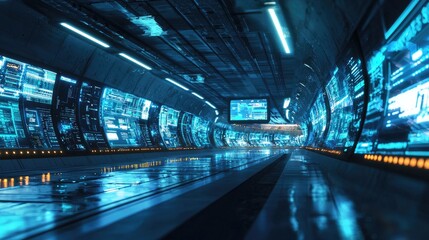 A futuristic data center with rows of virtual servers and vibrant screens displaying cloud migration plans, illuminated by soft blue lighting creating a high-tech vibe.