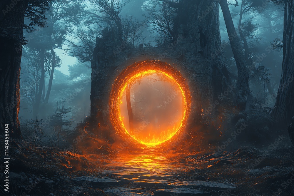 Aufkleber a glowing portal surrounded by ancient ruins in a mystical forest setting.