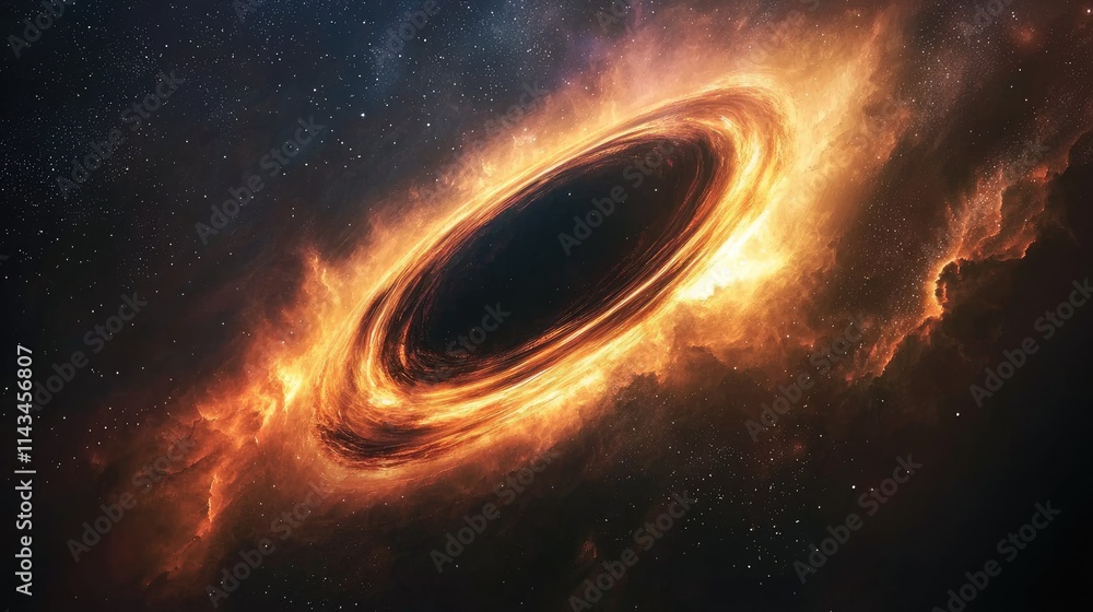 Poster a captivating scene of a black hole surrounded by glowing accretion disks, rendered in striking colo