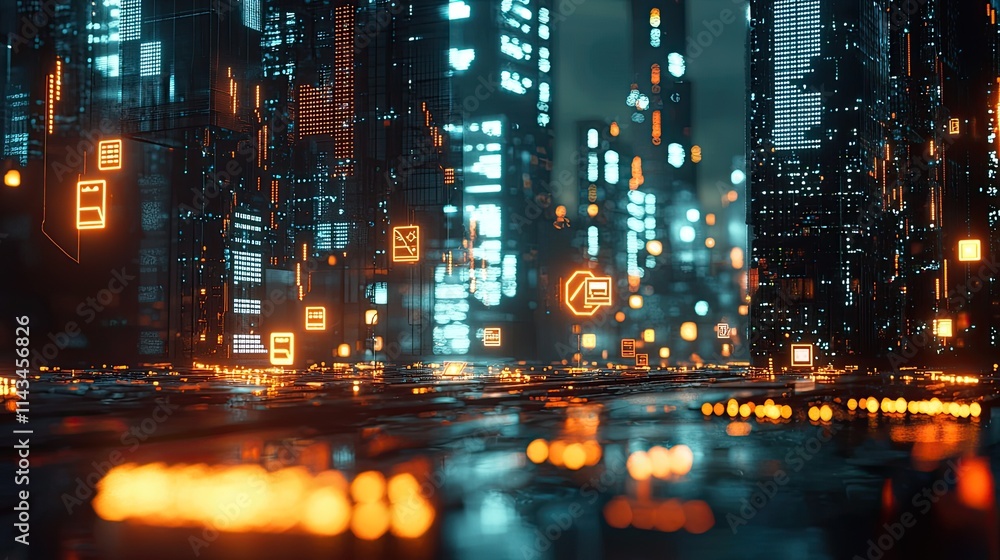 Poster an animated scene of a city skyline at night, illuminated by data streams representing decentralized