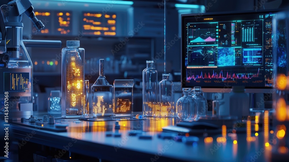 Poster a high-tech laboratory where scientists are designing decentralized applications, surrounded by glow