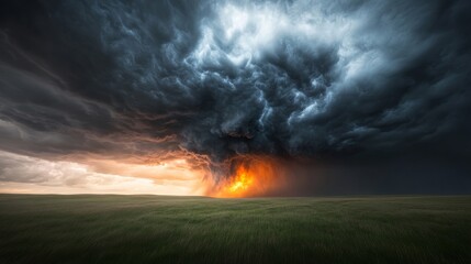 Dramatic Storm Clouds Over a Fiery Horizon in an Open Field Present Stunning Contrast of Nature's Power and Beauty in a Captivating Landscape Scene