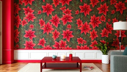 Poinsettia Blooms Living Room Wallpaper with vibrant poinsettia blooms patterns. The skirting boards are painted in classic red.