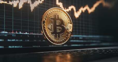 Bitcoin Coin Hovering Over Laptop Displaying Price Chart