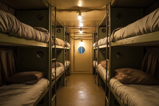 A narrow corridor lined with army-style bunk beds. Perfect for illustrating themes of confinement, military life, or shared living spaces.