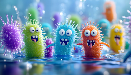 3D cartoon-style illustration of a cute, and strong bacteria in a white background