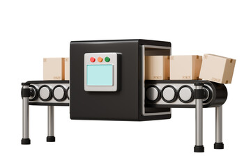 3D Conveyor belt roller with cardboard or parcel box icon isolated on transparent background Minimal Cartoon Empty conveyor belt icon. Logistics manufacturing and Factory industrial Concept. 3d render