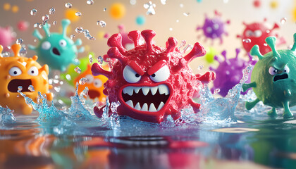 3D cartoon-style illustration of a cute, and strong bacteria in a white background