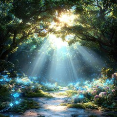 Obraz premium Sunlight Streaming Through Trees in Enchanted Forest Landscape