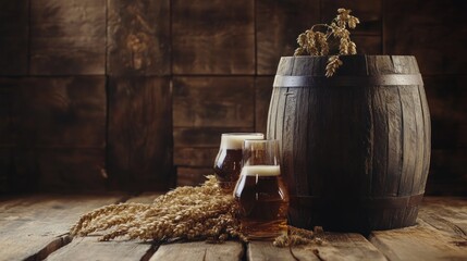 Beer glasses beside a wooden barrel and grains.