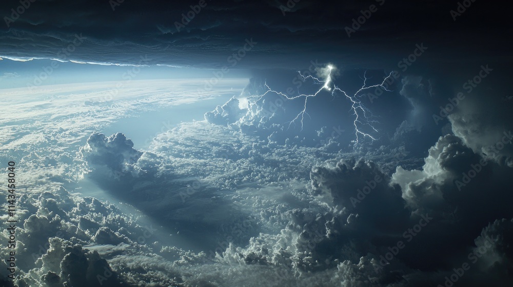 Poster An expansive view of a storm system forming over the ocean, with dark clouds swirling, exhibiting dynamic weather patterns and lightning strikes.