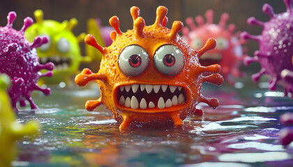 3D cartoon-style illustration of a cute, and strong bacteria in a white background