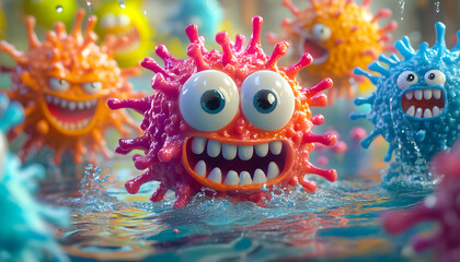 3D cartoon-style illustration of a cute, and strong bacteria in a white background