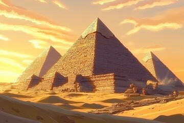 Majestic Pyramids Surrounded by Golden Sand with a Stunning Sunset in the Background Highlighting Ancient Egyptian Architecture