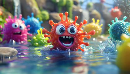 3D cartoon-style illustration of a cute, and strong bacteria in a white background