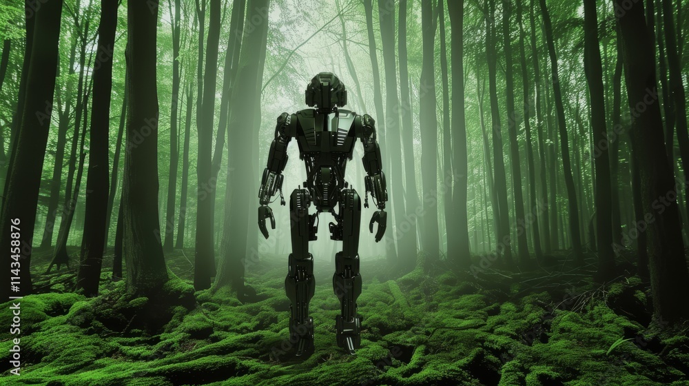 Poster a sleek humanoid robot stands in a moss-covered forest clearing surrounded by towering trees and sof