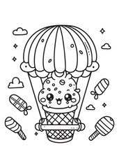 Coloring page design cute balloon ice cream fly 