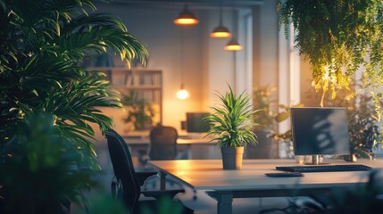Fototapeta premium A serene office environment where a team is conducting an ethical advertisement workshop, adorned with plants and soft lighting.